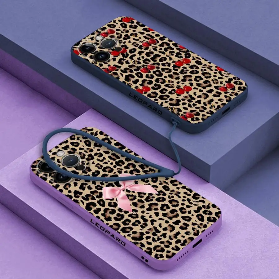 Funda de teléfono con lazo rosa, leopardo y cereza para iPhone SE 16 15 Plus 13 Pro 12 Mini 14ProMax XS Max 16e 11 8 7 XR, funda suave