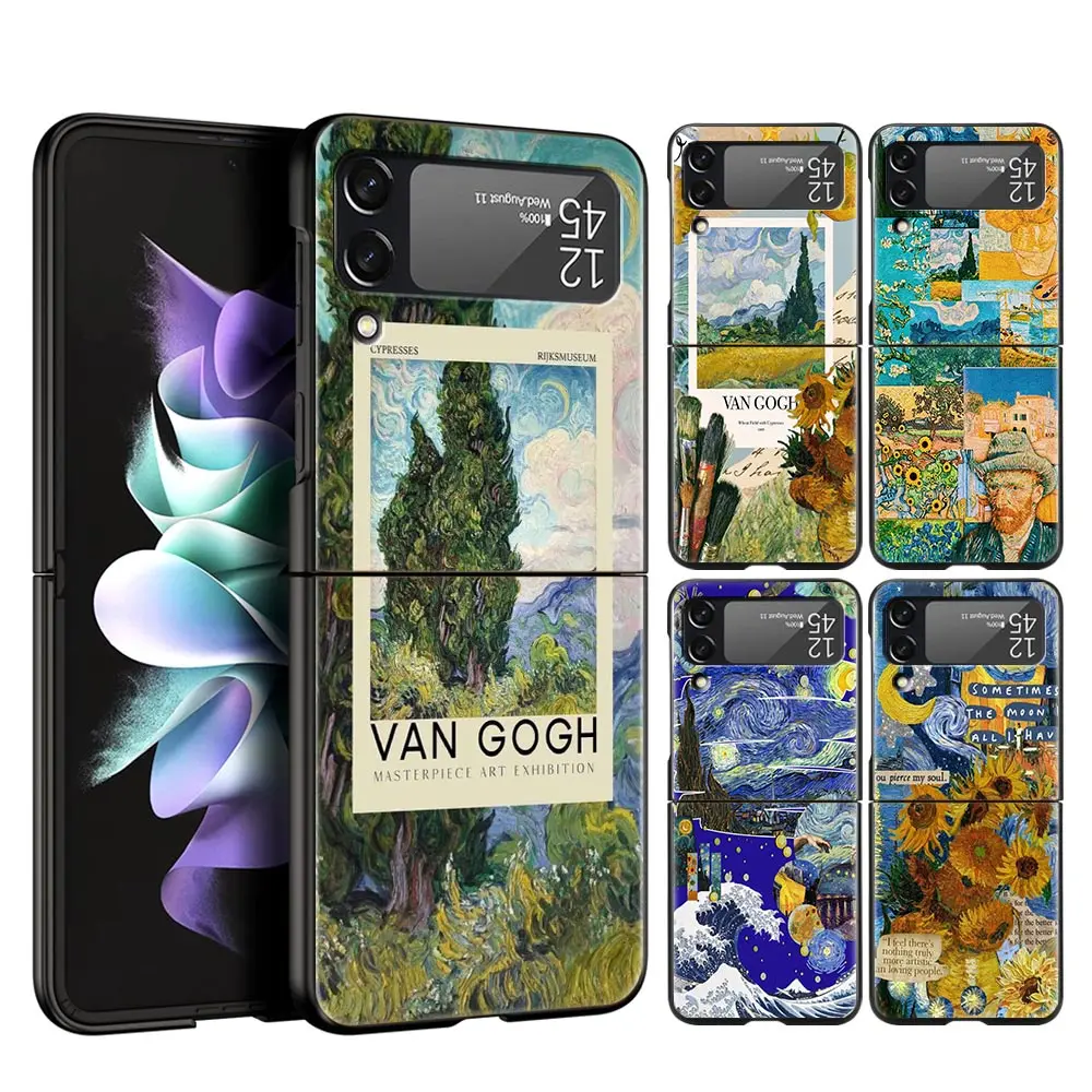 Funda de teléfono para Samsung Galaxy Z Flip 3 4 5 duro negro plegable PC de lujo para Samsung Z Flip3 funda Shell cielo estrellado van gogh art