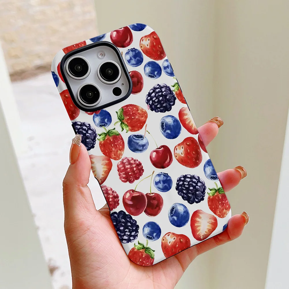 Funda de teléfono con diseño de fresa y cereza para iPhone 16, 15, 14, 13, 12, 11 Pro Max Plus, funda trasera magnética de lujo de doble capa - imagen 2