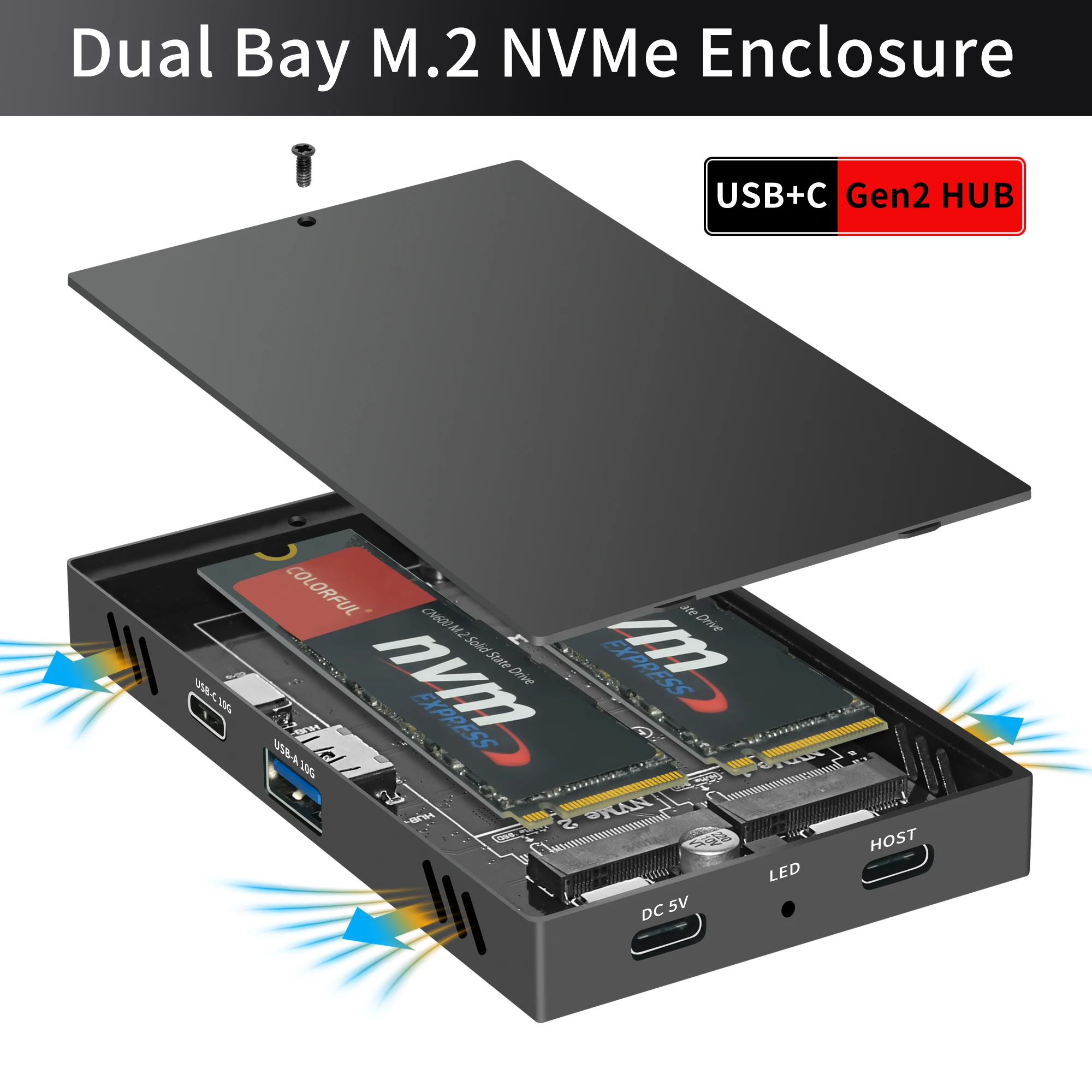 2 en uno Dual Bay M.2 NVME Enclouse M.2 2bay NVMe hub usb3.2 gen2 10Gpcs USB + C