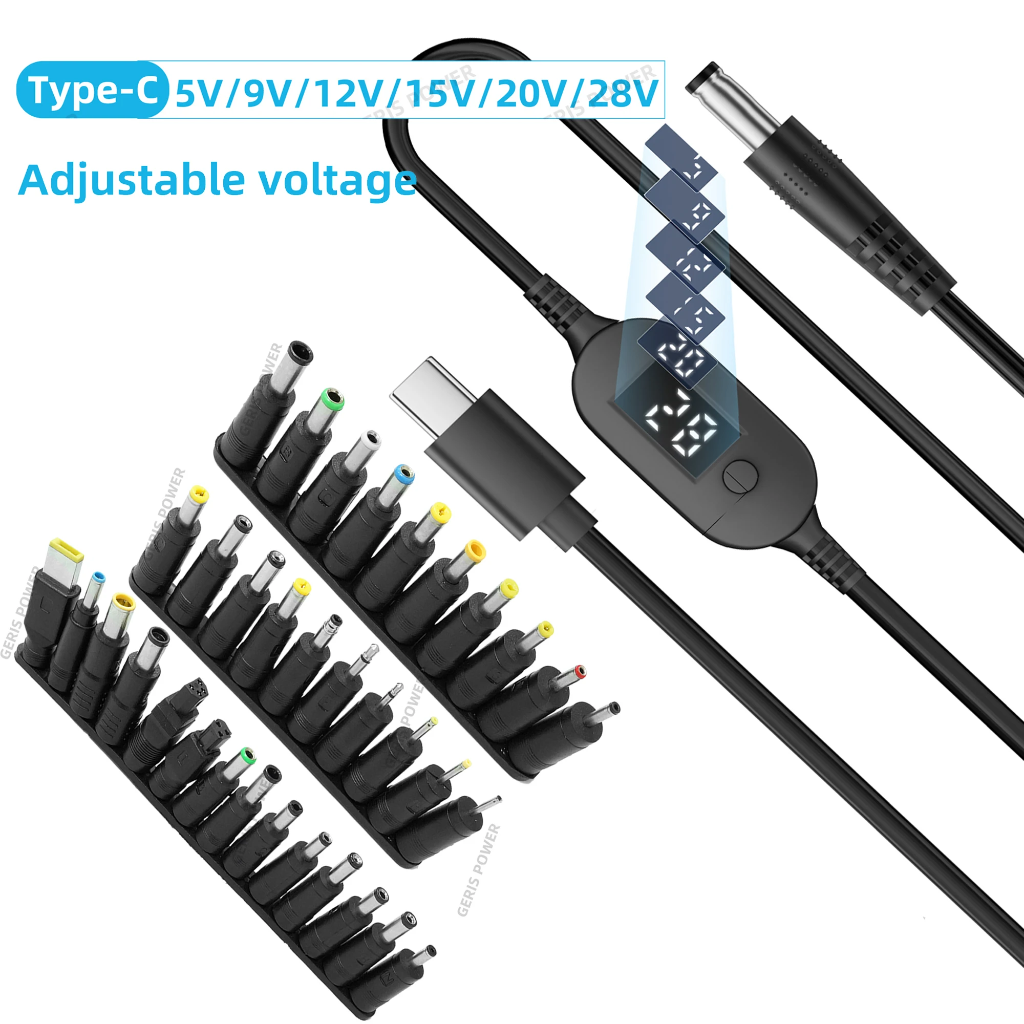​ 34 Uds Universal 5,5x2,1mm DC AC adaptador de corriente puntas kits de conectores 140W PD USB C a 5,5X2,5mm 5V-28V Cable de voltaje ajustable