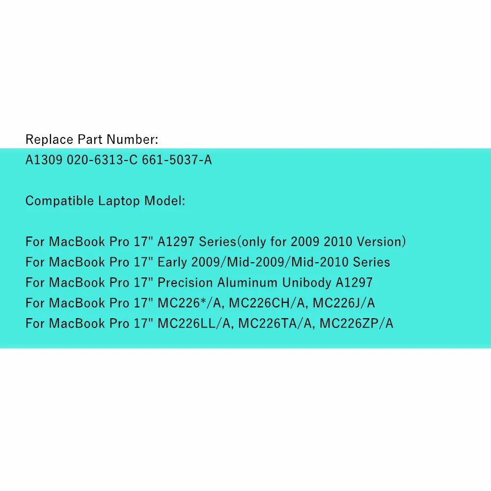 A1309 Batería para portátil Apple MacBook Pro 17 "A1297 Early-2009 Mid-2009 Mid-2010 MC226/A MC226CH/A MC226J/A MC226LL/A 95WH - imagen 5