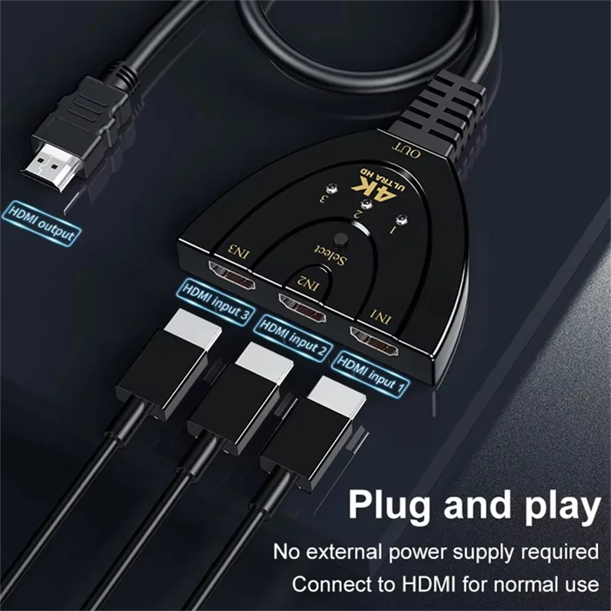 Cable de interruptor Compatible con HDMI 4K, adaptador de conmutador de vídeo, 3 entradas, 1 puerto de salida Hub para PC, TV, Xbox, PS3/4, divisor de Monitor de proyector - imagen 3