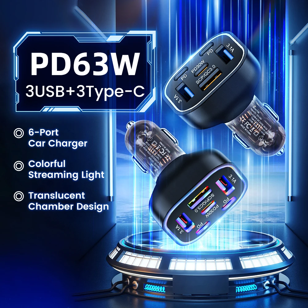Cargador de coche USB de 63W, encendedor de carga rápida QC3.0 para iPhone, 6 puertos PD 3,0 tipo C, cargador de teléfono para coche para Xiaomi, Samsung y Huawei - imagen 2