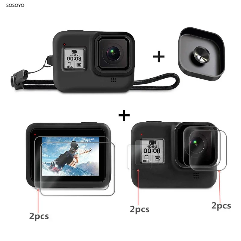 Funda de silicona 9 en 1, tapa protectora de lente, juego de película protectora de vidrio templado para GoPro Hero 8, accesorio de Cámara de Acción