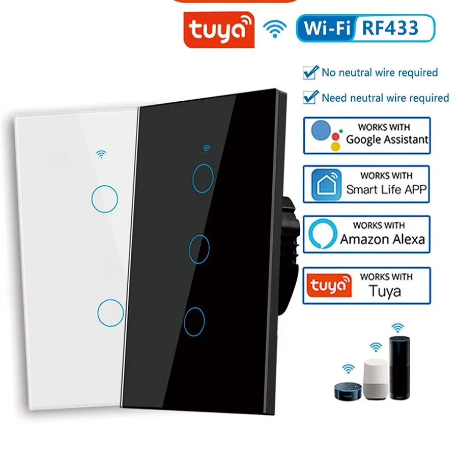 Tuya-interruptor de luz inteligente WiFi, cable neutro necesario, Interruptor táctil de pared, vida inteligente de EE. UU., funciona con Alexa, Google Home, 1/2/3/4 entradas - imagen 2