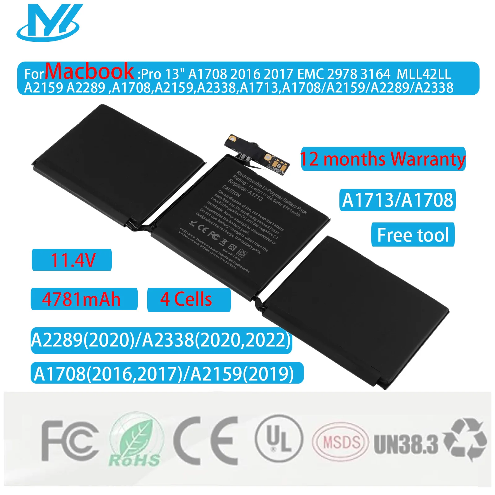 Batería A1713 para portátil Apple MacBook Pro, A1708, 13 ", 2016, 2017, A2159, A2289, A2338, EMC, 3578, 2978, 3164, MLL42LL