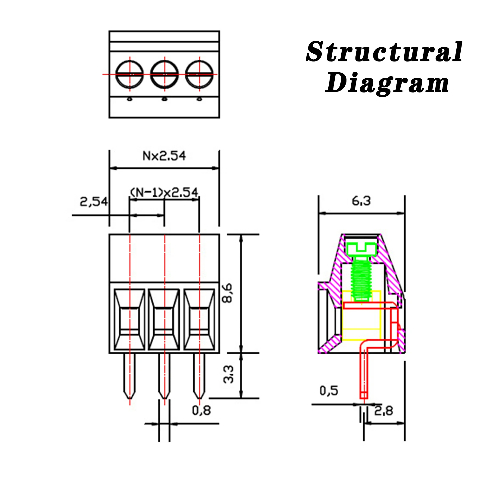 Conector de bloque de terminales de tornillo PCB KF128 de 2,54mm para cables 2P 3P 4P 5P 6P 7P 8P 9P 10P 12P 14P 16P - imagen 3