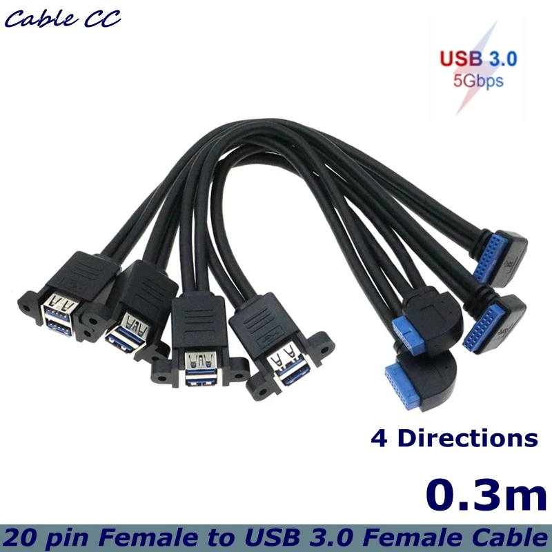 30cm 20 pines 19 pines codo de 90 grados a USB 3,0 Cable de instalación roscado hembra de doble puerto para instalación de placa base de computadora - imagen 2