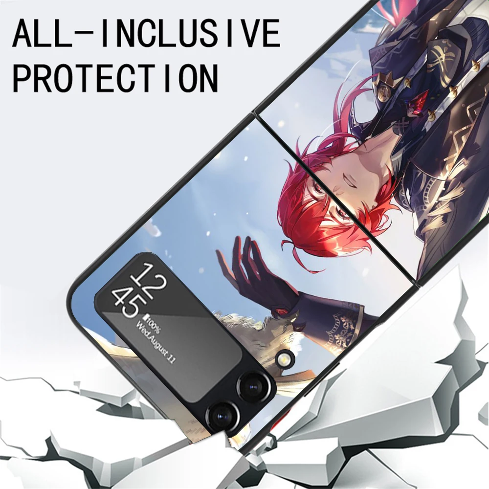 Genshin Impact Diluc-fundas de teléfono negras para Samsung Z Flip 7, 6, 5, 4, 3, galaxia de lujo ZFlip7 ZFlip6 Flip5 Flip4 Flip3, funda Z - imagen 3