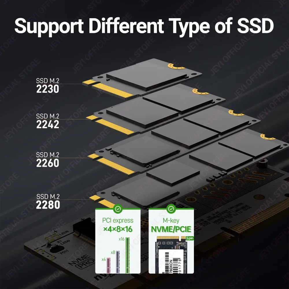 Tarjeta adaptadora JEYI RGB M.2 NVMe SSD a PCIe 4,0, tarjeta de expansión PCIE X4 X8 X16 de 64Gbps para PC de escritorio, compatible con SSD 2280/60/40/32 - imagen 4