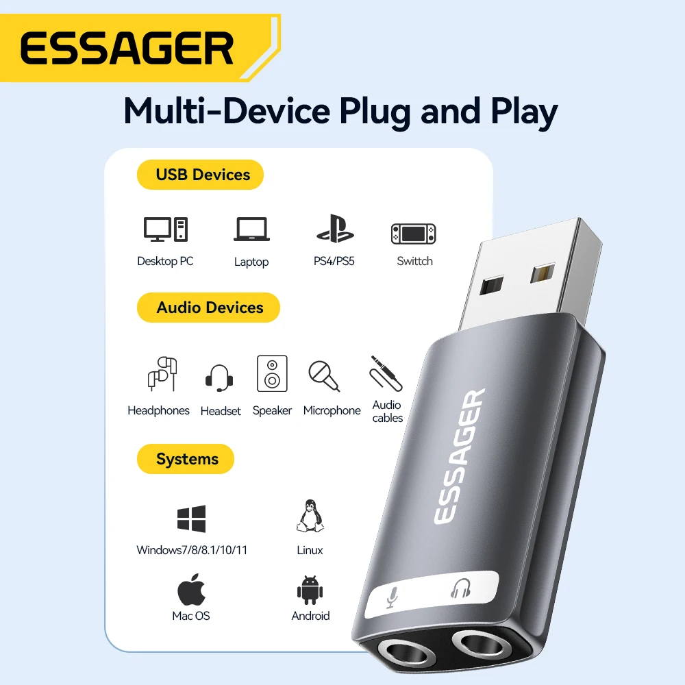 Essager Tarjeta de Sonido USB – Adaptador Jack 3,5mm para PC y Consolas - imagen 2