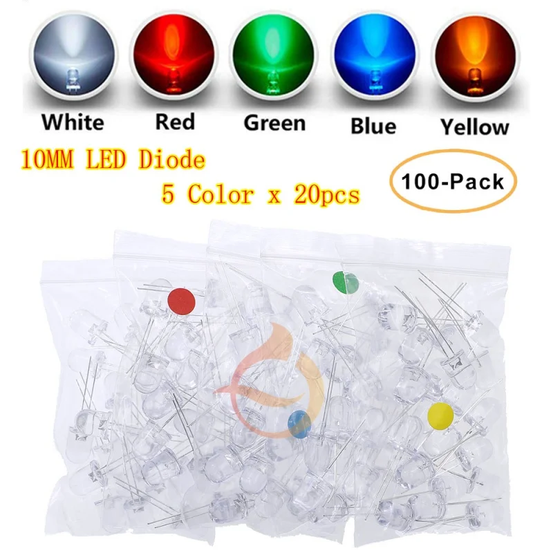 100 Uds F10 10mm 5 colores blanco diodo emisor de luz led kit surtido rojo blanco amarillo verde azul bombilla transparente