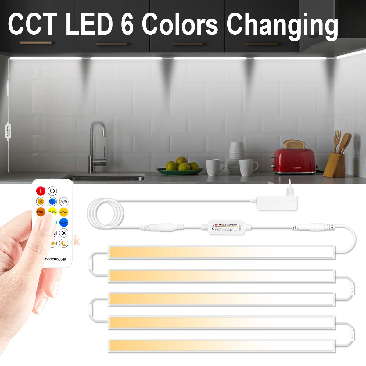 2700K-6500K CCT LED debajo del gabinete luz 48CM 8W Control remoto, cuerpo de aluminio, carcasa lechosa, fácil instalación para armario de cocina