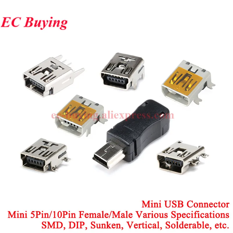 5-100 Uds Mini USB SMD 5Pin hembra Mini B conector de enchufe Base de alimentación macho 2,0 Jack MINIUSB enchufe para carga de teléfono móvil