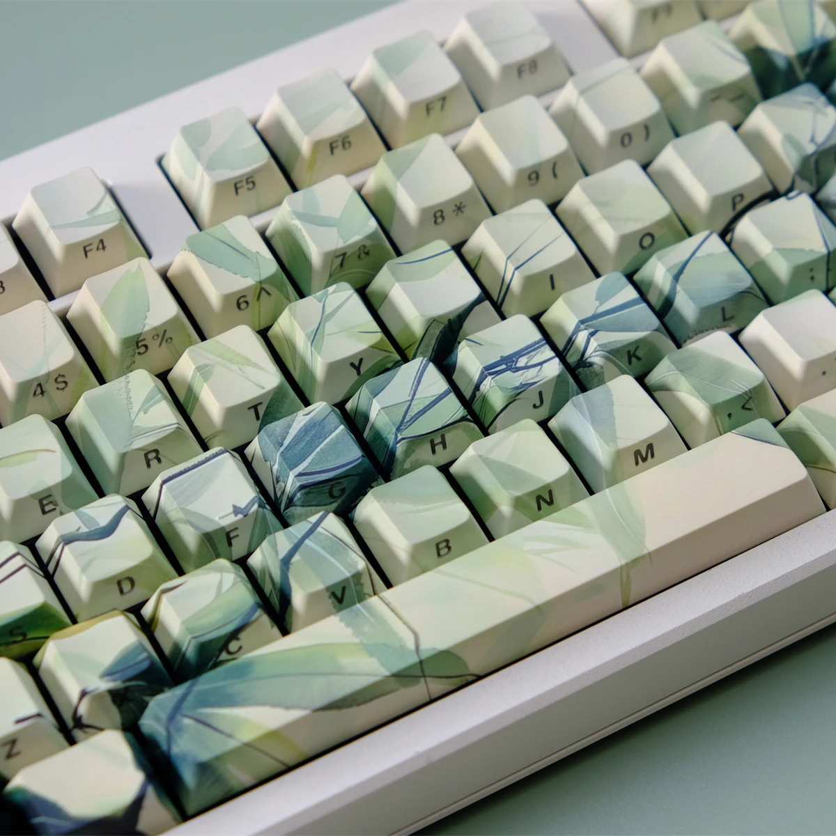 Hoja de bambú, sublimación de tinte de cinco lados, teclas PBT con brillo lateral a través de teclas, perfil de cereza, 130 teclas para teclado de interruptores MX - imagen 5