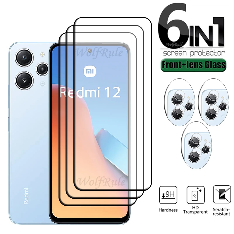 6 en 1 para Redmi 12 vidrio Xiaomi Redmi 12 vidrio templado cubierta completa pegamento 9H HD Protector de pantalla Redmi 12 lente de vidrio
