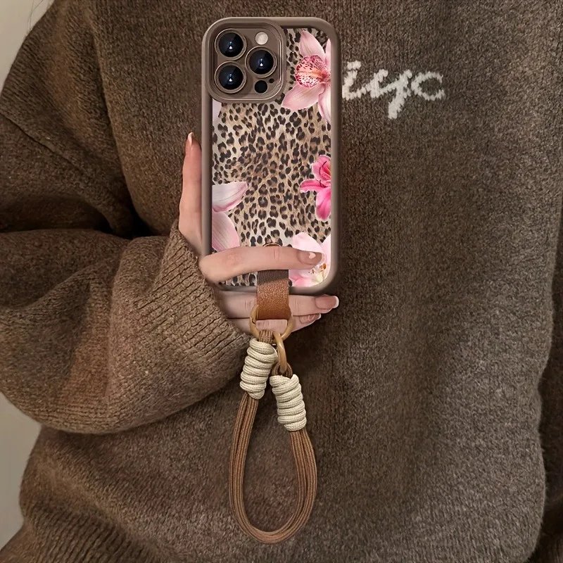 Funda de teléfono con correa de escritura Floral rosa con estampado de leopardo para iPhone 17 Pro Max 16 15 14 13 12 11 16E XS X XR 7 8 Plus cubierta a prueba de golpes - imagen 2