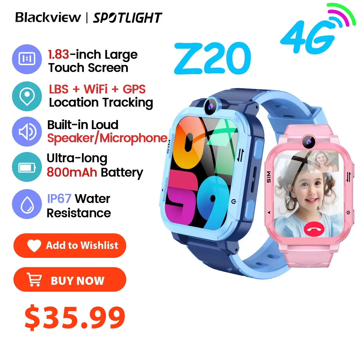 Reloj inteligente Blackview Z20 4G para niños, 800mAh, videollamada, GPS, rastreador WiFi, ubicación, llamada de emergencia, Monitor trasero, reloj de teléfono, reloj inteligente - imagen 2
