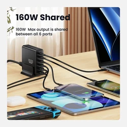 Cargador GaN USB-C 160W de escritorio, 6 puertos PPS PD QC Apple
