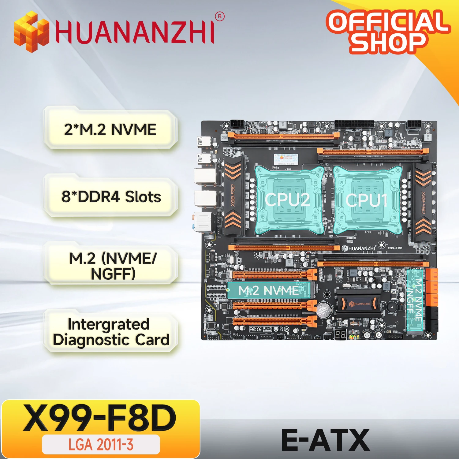 HUANANZHI-placa base X99 F8D LGA 2011-3 XEON X99, compatible con Intel Dual CPU E5 2640 2666 2670 2696 2678 V3V4 DDR4 RECC NVME NGFF RU
