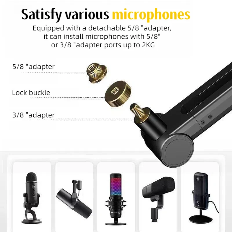 Soporte de micrófono con brazo de pluma, brazo de soporte de micrófono con suspensión de Metal ajustable para transmisión de juegos, con abrazadera de escritorio y adaptador de 3/8 a 5/8 - imagen 4