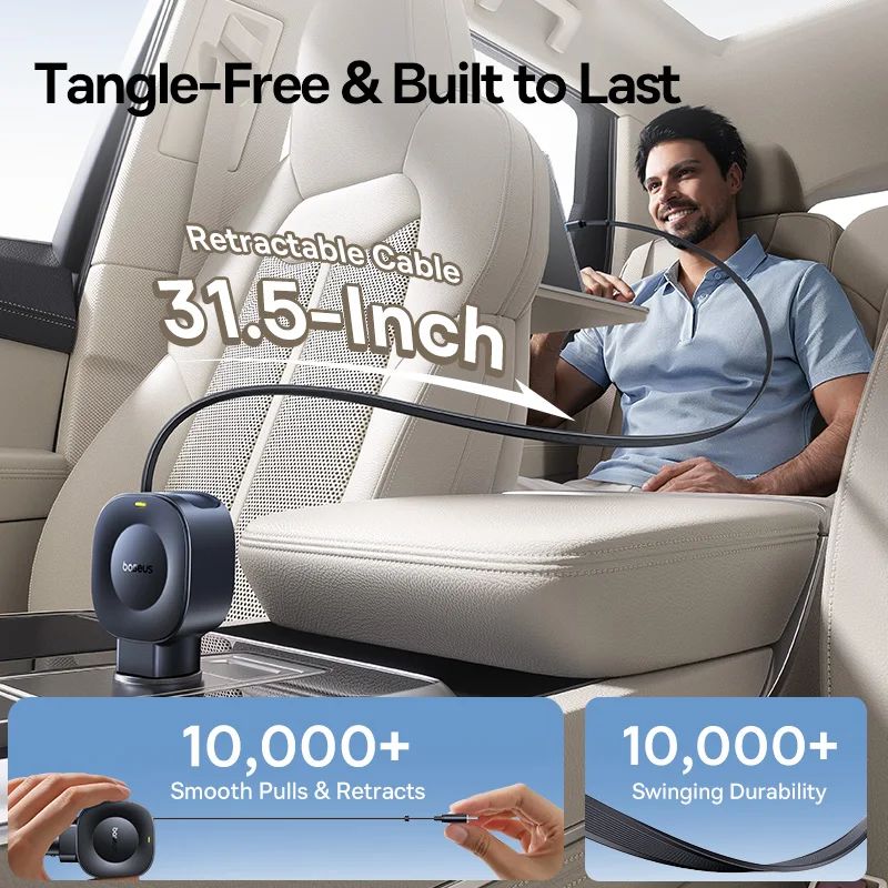 Cargador de coche Baseus de 45W, cargador de teléfono de coche de carga rápida Dual, Cable retráctil incorporado para tableta, Samsung, iPhone, Xiaomi, HUAWEI - imagen 3