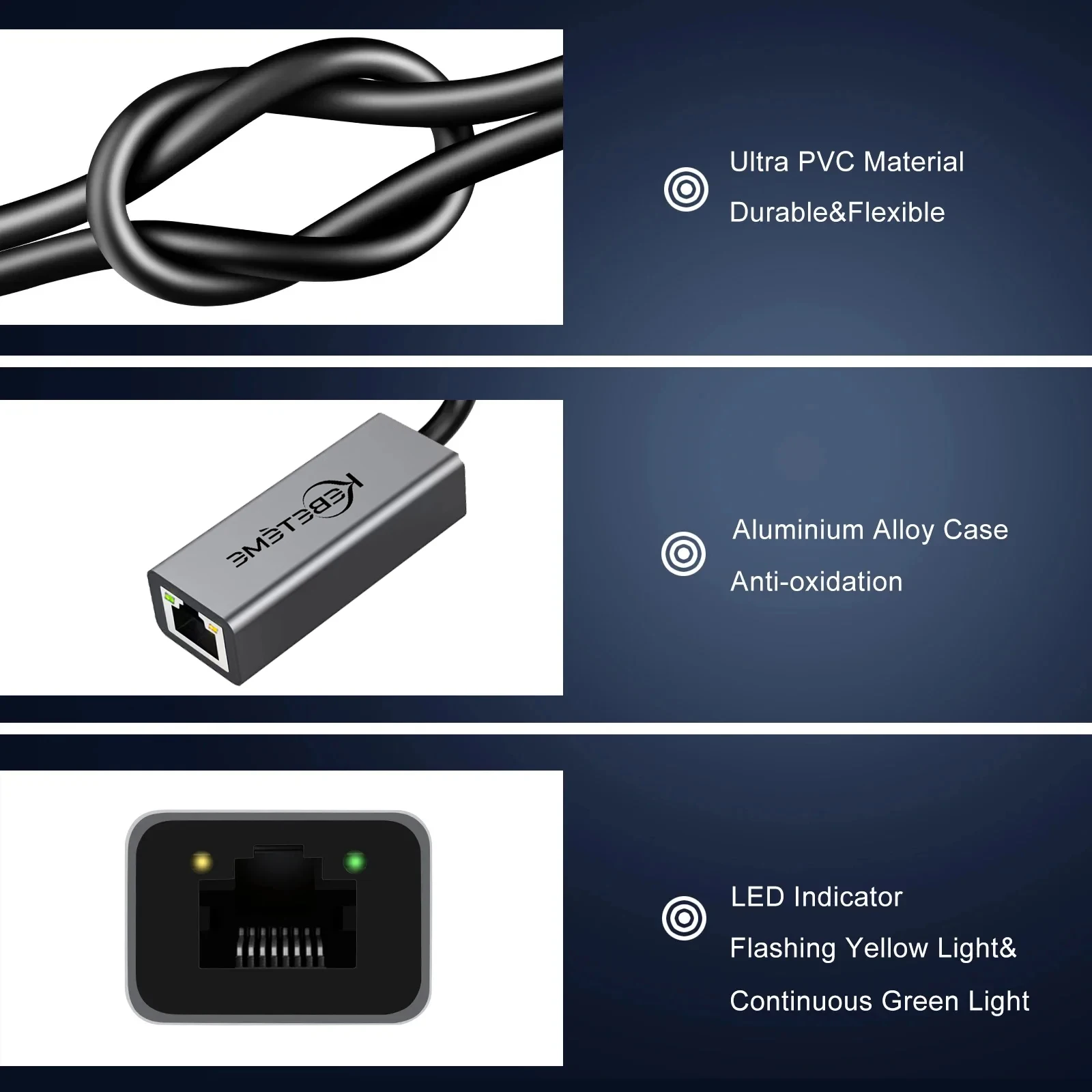 Kebidumei-Adaptador USB Ethernet de 1000Mbps, tarjeta de red USB 3,0 a USB RJ45 Lan para PC, MacBook Win 10/11, Cable USB Ethernet Xiaomi - imagen 3