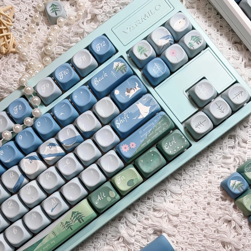 Teclas con tema de montaña azul, perfil PBT Dye MOA, tapa de teclado para juegos personalizada para teclado mecánico, regalos Kawaii de dibujos animados