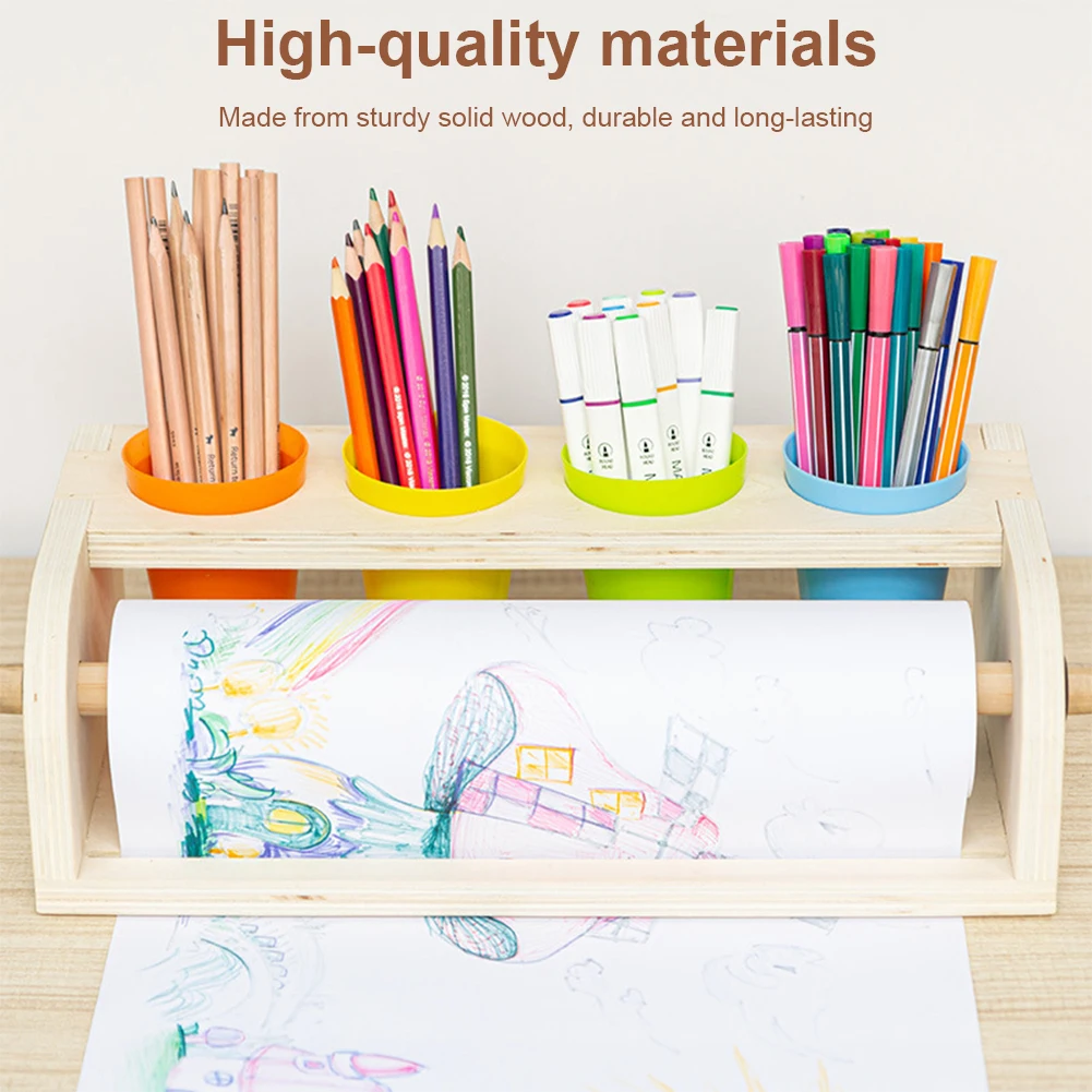 Dispensador de rollos de papel artístico con rollo de papel y vasos de lápiz, caballete de rollo de papel, estante de papel de rollo de almacenamiento de madera maciza para niños, caballete de escritorio - imagen 2