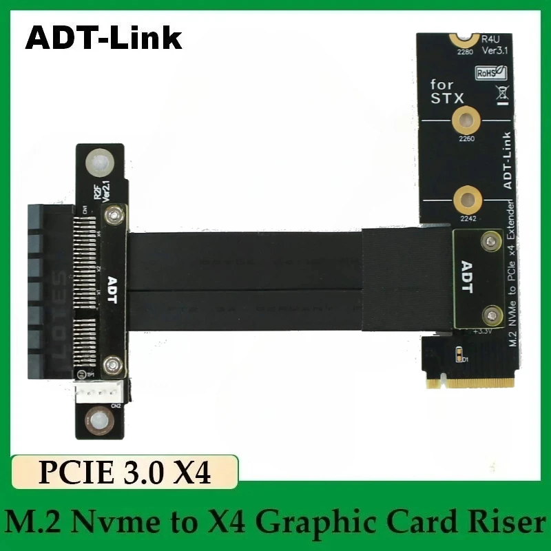 Riser PCIe x4 3,0 PCI-E 4x a M.2 M Key 2280 tarjeta elevadora Gen3.0 Cable M2 Key-M PCI-Express Cable de extensión de ángulo recto de giro 32Gbps - imagen 2
