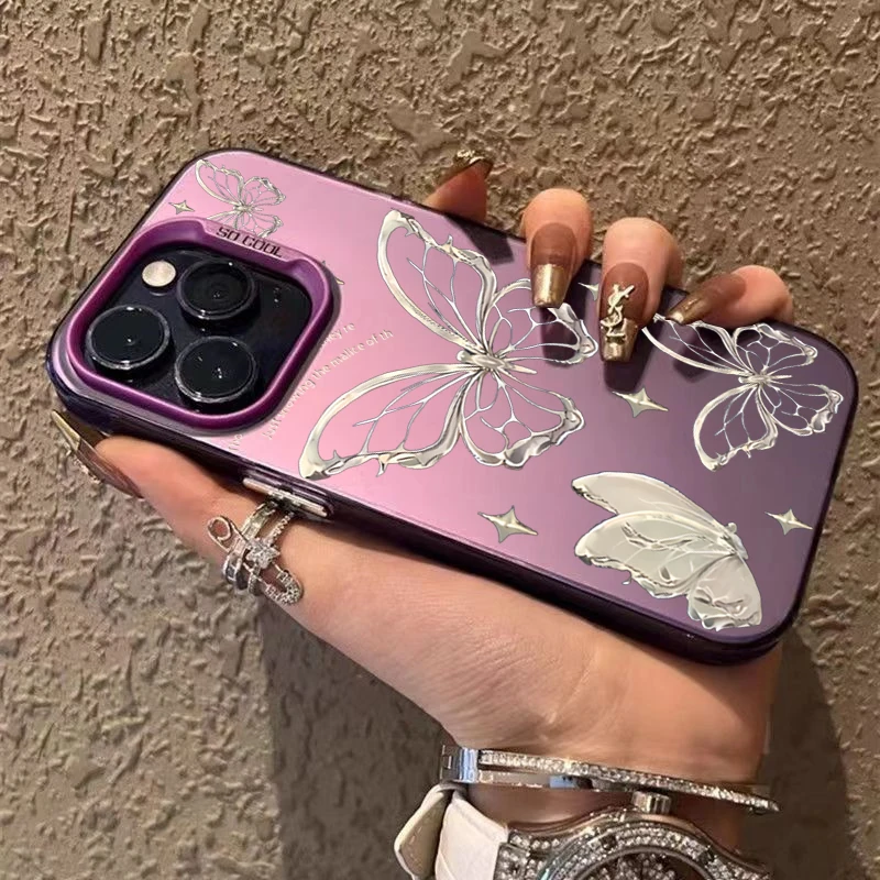 Funda de teléfono mate con mariposa dorada y plateada láser de lujo para iPhone 16 15 14 Pro Max 13 12 11 XS X XR 7 8 16 Plus SE 2020 2022 - imagen 5
