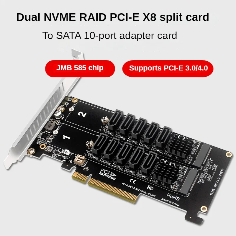 Tarjeta dividida Dual M.2 NVMe Raid PCI-E X8 a Sata 3,0, adaptador de expansión de 10 puertos, elevador de tarjeta M2 PCIe 8x JMB585 Chip PH45 + PH56 - imagen 2