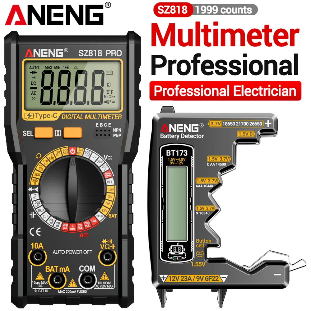 ANENG multímetro Digital inteligente probador de triodo de voltaje automotriz SZ818 + BT173 9V/12V herramientas de detección de pantalla Digital de batería