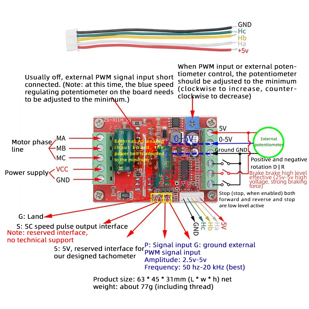 Controlador de Motor sin escobillas, placa controladora de 12V, 24V, 48V, BLDC trifásico, PWM, CC 6-60V, 400W - imagen 4
