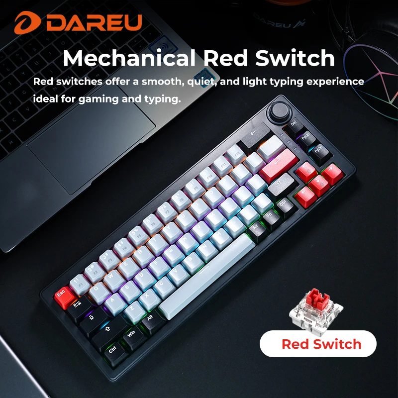 DAREU-teclado mecánico inalámbrico para jugar, 2,4G, 4000mAh, interruptor rojo, todas las teclas, iluminación arcoíris sin conflictos con perilla multifunción - imagen 4