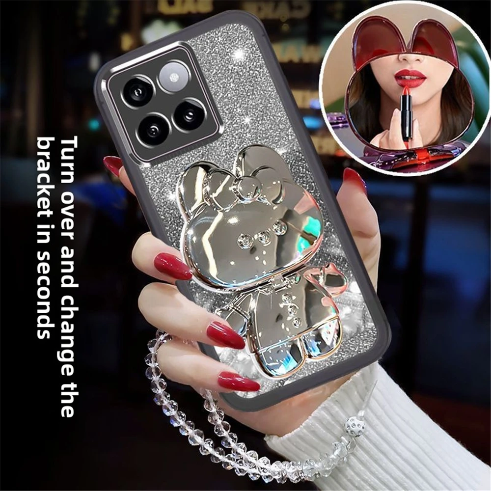 Pulsera de cristal con purpurina, funda con soporte de espejo de conejo para Xiaomi 14T Pro 13T 12T 11T 13 12 Lite 12S 12X, funda de teléfono de silicona suave - imagen 4