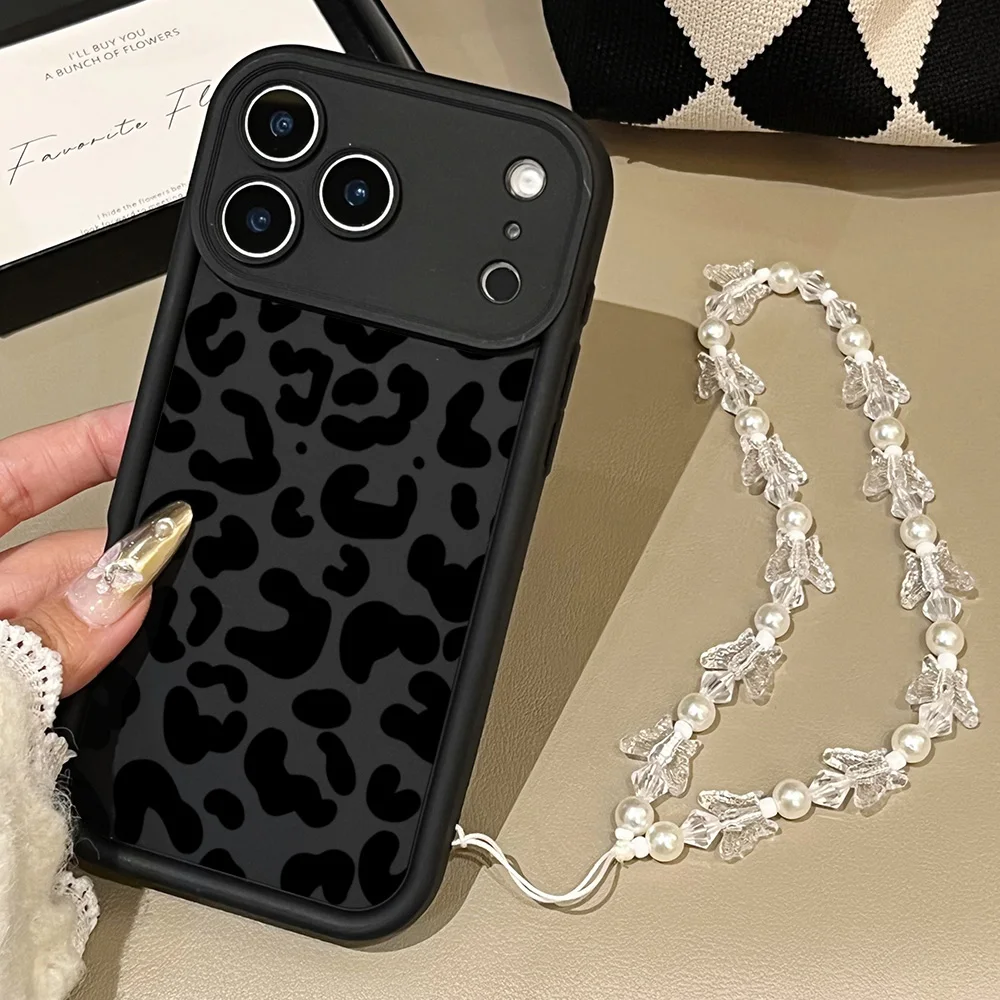 Funda de teléfono con estampado de leopardo negro para iPhone 11 12 13 14 15 16 17 Pro Max 16e 17Air X XR XS Max 7 8 Plus con cubierta con cordón - imagen 5