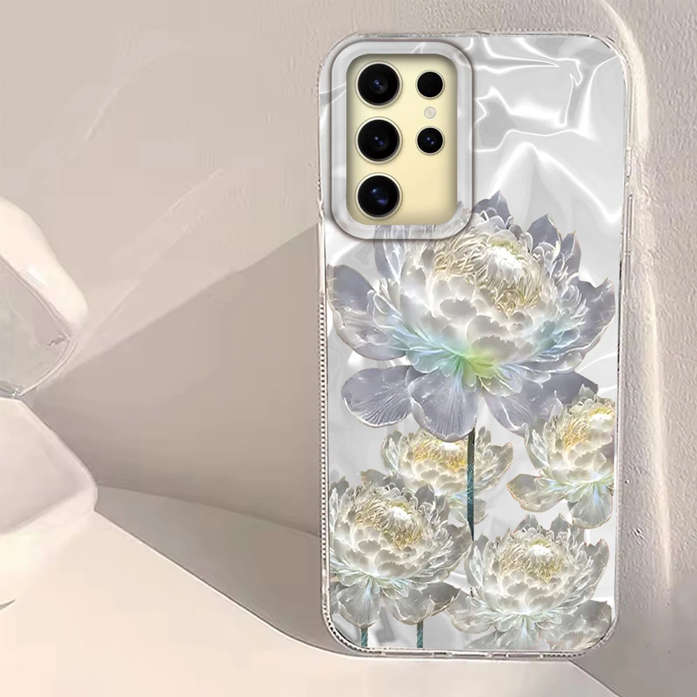 Funda de teléfono con textura de agua y estampado de loto y peonía blanca para Samsung Galaxy S25 edge S24 S23 S22 S21 FE Plus Ultra TPU - imagen 2