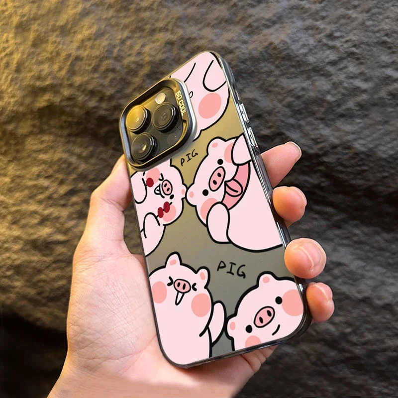 Funda de teléfono IMD plateada electrochapada de cerdo de dibujos animados para iPhone 15 Pro Max 16 14 13 12 11 15 7 8 Plus X XS XR cubierta trasera a prueba de golpes - imagen 4