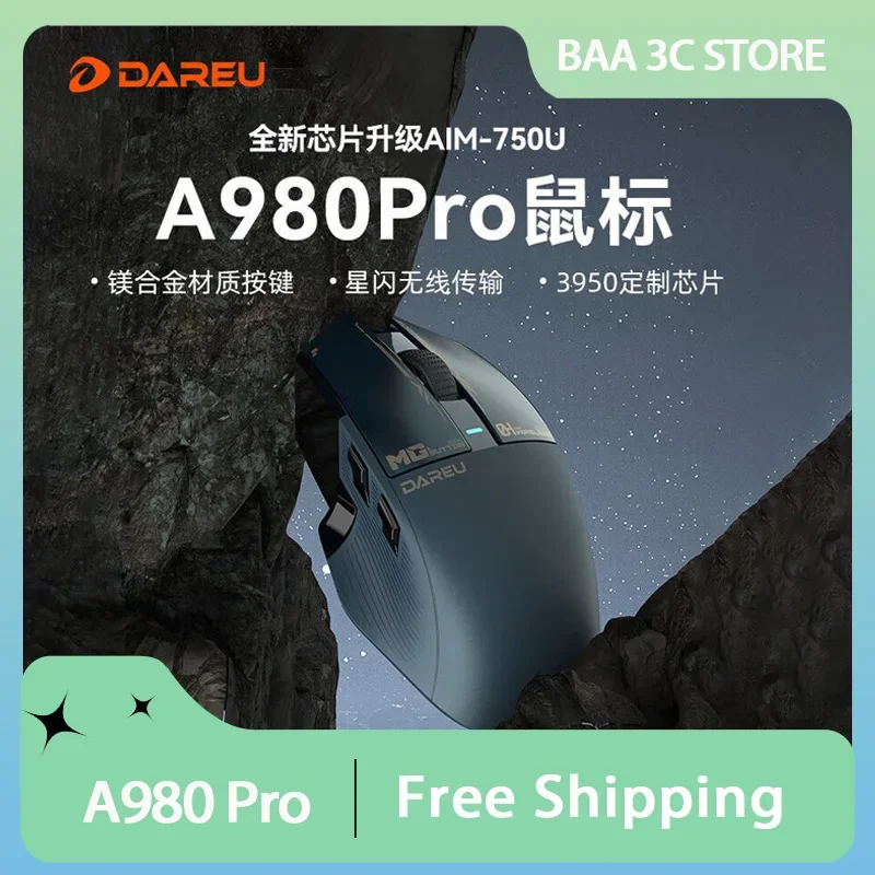 Ratón Dareu A980 Pro/Pro Max, tres modos, aleación de magnesio personalizada, Paw3395, inalámbrico, 4K, ligero, para juegos Esports