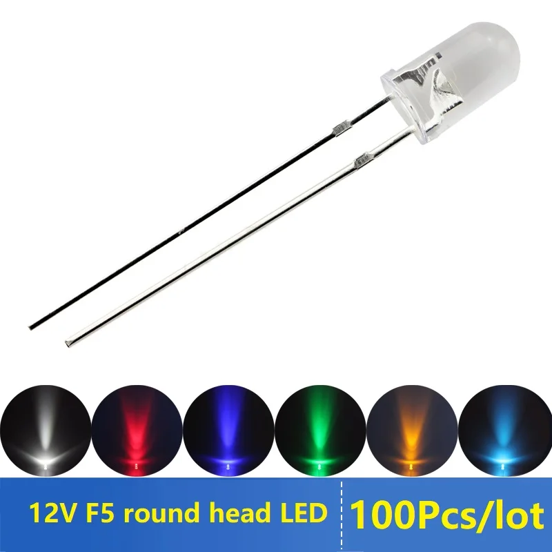 Ultra brillante 5mm cabeza redonda enchufable LED concentración de luz de coche F5 diodo emisor de luz lámpara cuenta 12V (100 unids/lote)