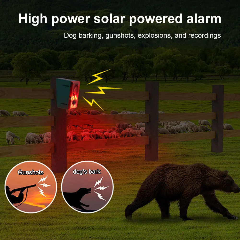 Alarma Solar con Sensor de movimiento para exteriores, repelente de animales con sonido de tiro para ladridos de perros, alarma de inducción infrarroja Solar para granja en casa - imagen 3