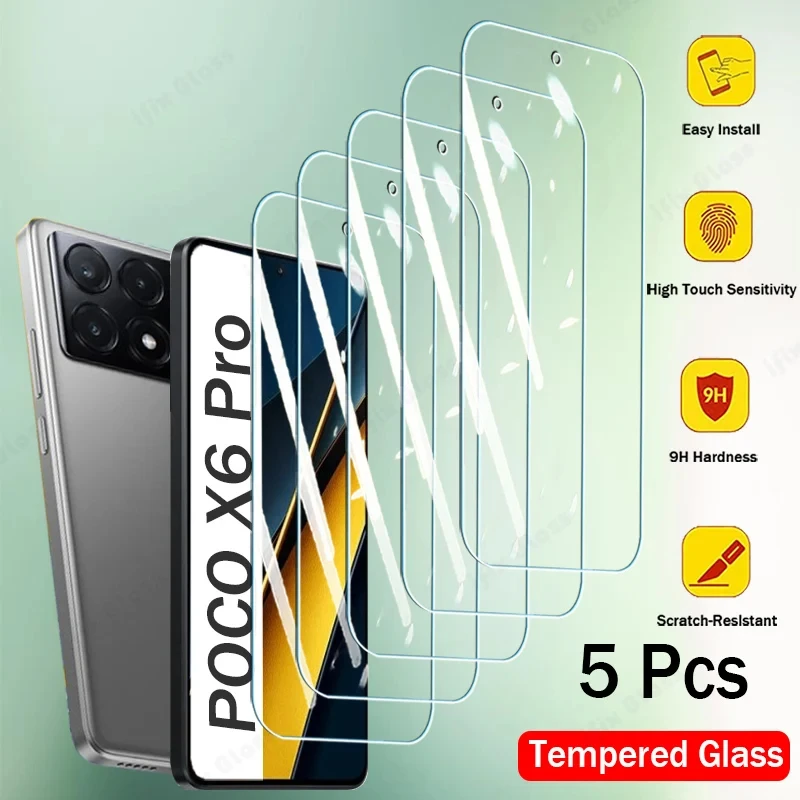 5 uds vidrio templado para Xiaomi POCO X6 F5 X5 M6 C65 Pro Protector de pantalla para POCO X6Pro F5Pro X5Pro X6 F5 Pro película de vidrio de cubierta