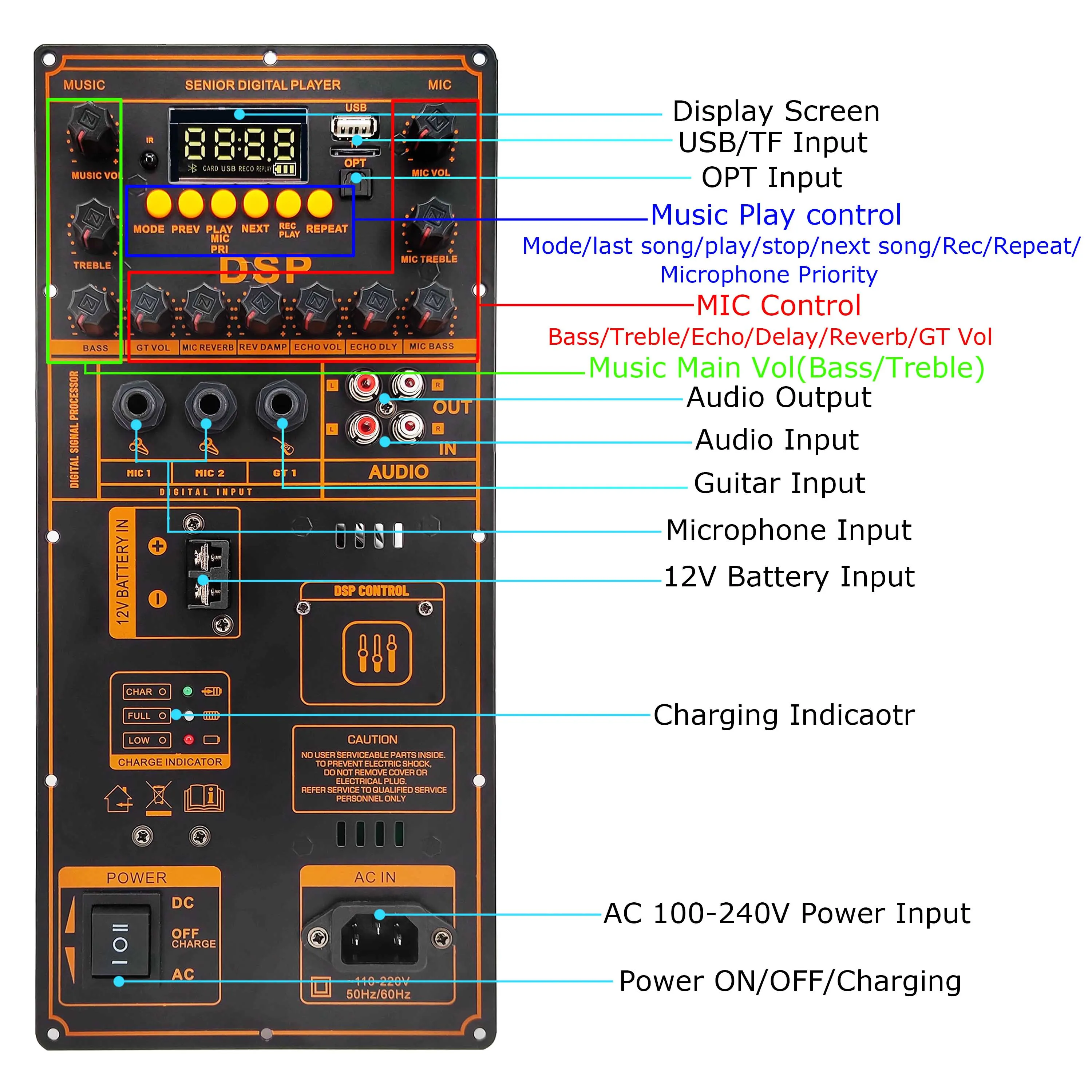 Placa amplificadora Digital con Bluetooth 220, 12/5,0 V, 2x100W, 200W, para altavoz de 8-18 pulgadas, Panel Amp con micrófono, guitarra OPT, USB IN - imagen 3