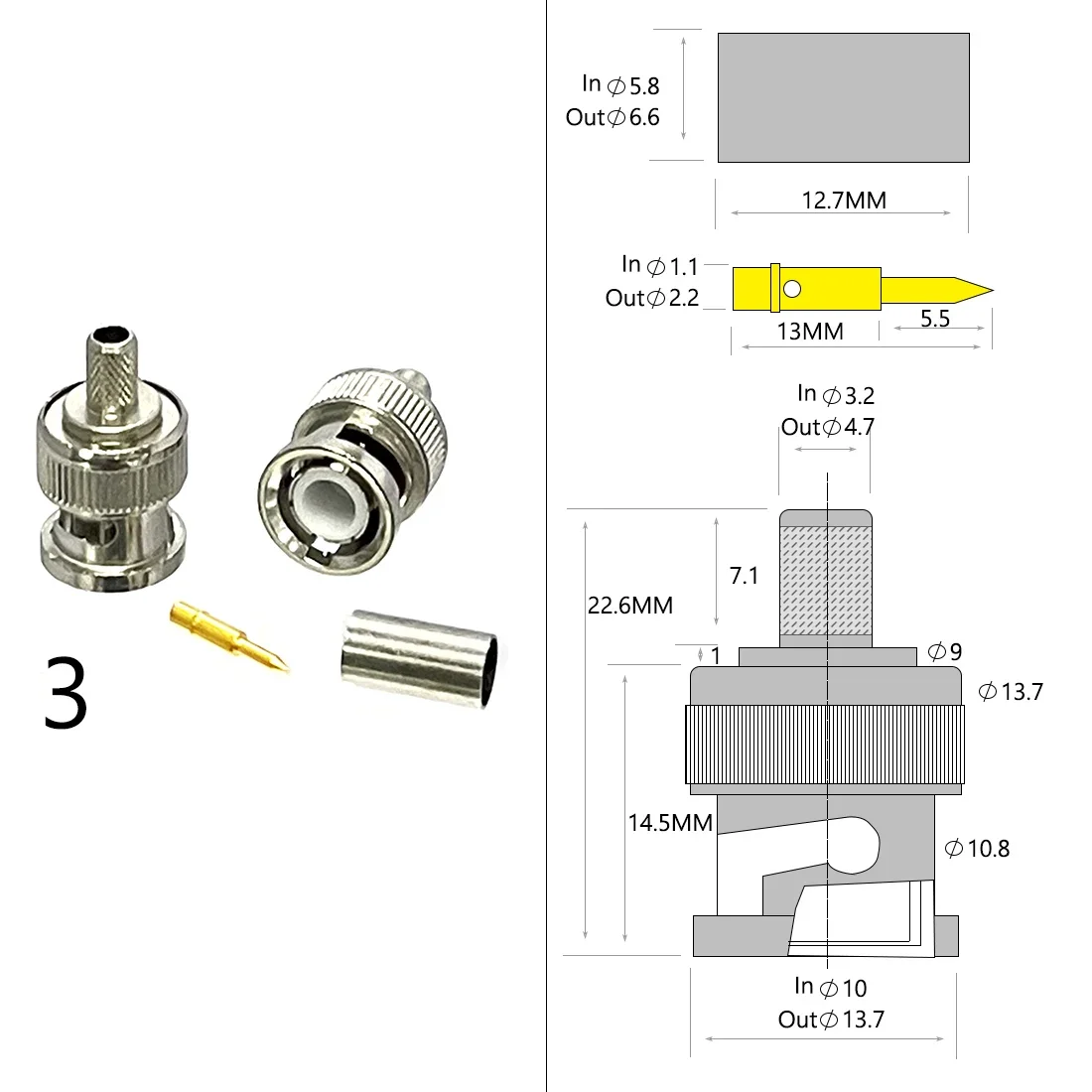 Conector coaxial BNC macho hembra Jack RF engarzado para Cable RG316 RG174 RG58 RG142 cobre niquelado con dibujo nuevo - imagen 4