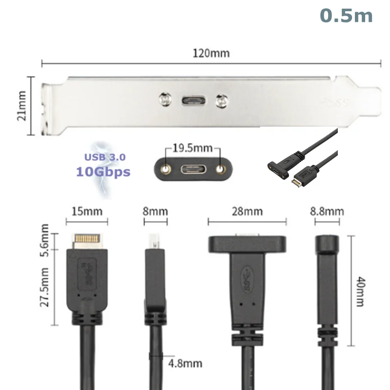 10Gbps USB 3,1 tipo C cabezal de Panel frontal tipo E macho a tipo C hembra línea de conector de Cable de expansión de placa base