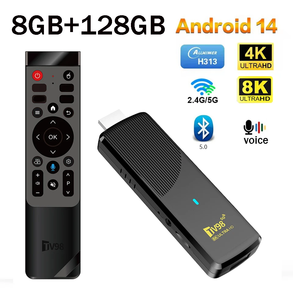 TV98 ATV X9 TV Stick Android 14 Full HD 4K 8K 8GB 128GB 4G 5G WiFi 6 Control de voz BT5.0 Reproductor de medios de video Allwinner H313 iptv