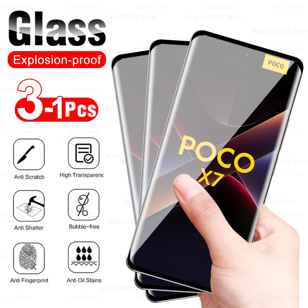 3-1 Uds PoccoX7 vidrio templado curvo para Xiaomi Poco X7 5G Protector de pantalla Poxo X 7 Poko Little x7 cubierta de cristal frontal Original