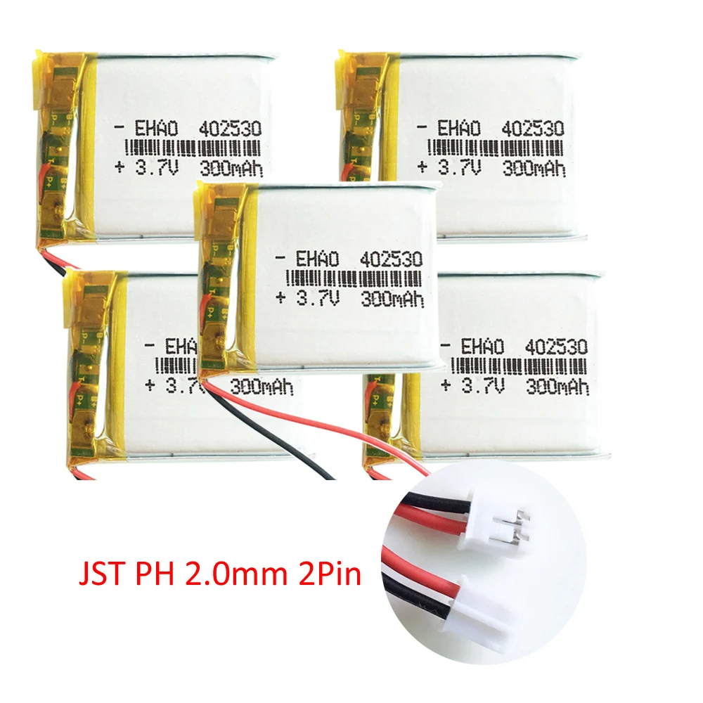5 uds 3,7 V 300mAh batería recargable LiPo de polímero de litio + enchufe JST 2,0mm 2 pines para cámara Mp3 Altavoz Bluetooth GPS 402530